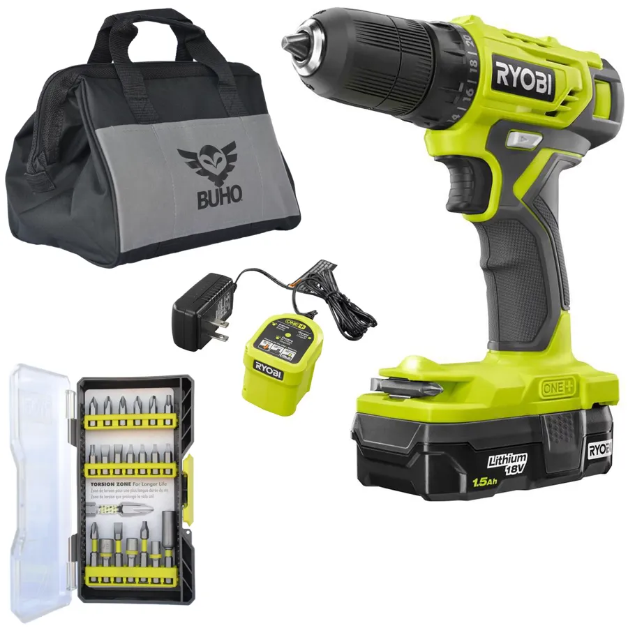 Ryobi Drill Kit Bundle, 18-volt One+ Cordless 3/8 In. Drill/driver With 1.5 Ah Battery, Charger, Drill Bit Set, And Tool Bag