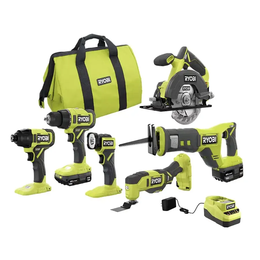One+ 18v Cordless 6-tool Combo Kit With 1.5 Ah Battery, 4.0 Ah Battery, And Charger